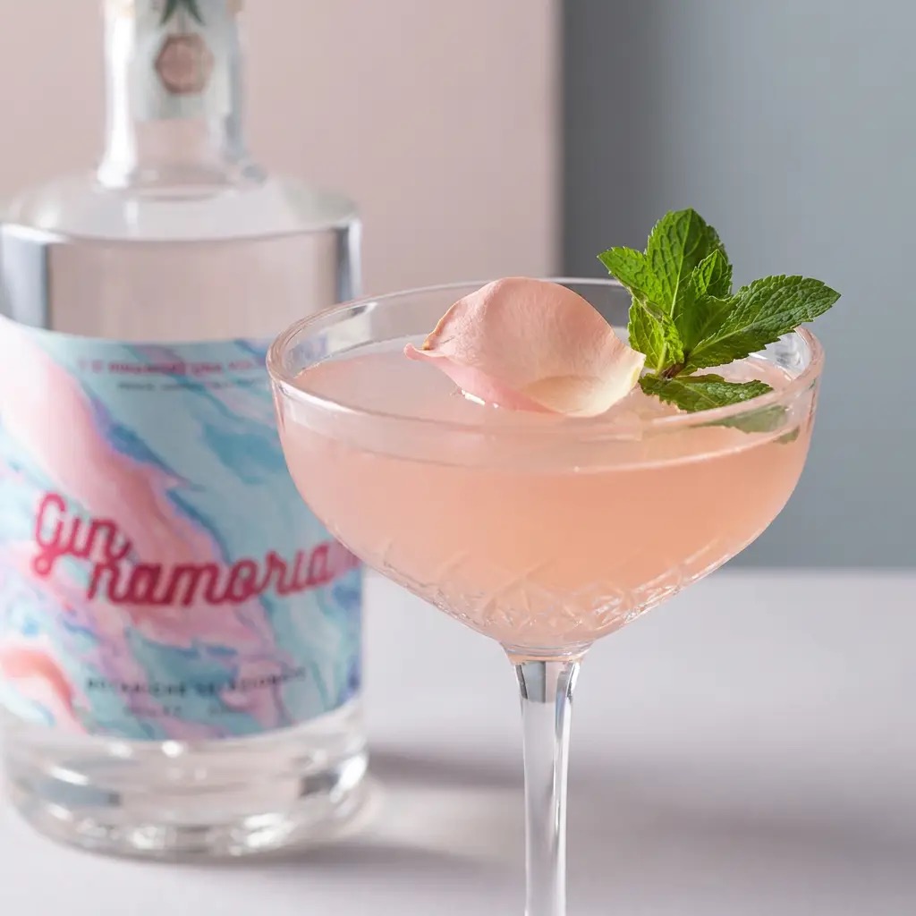 Cocktail rosé con petalo di rosa