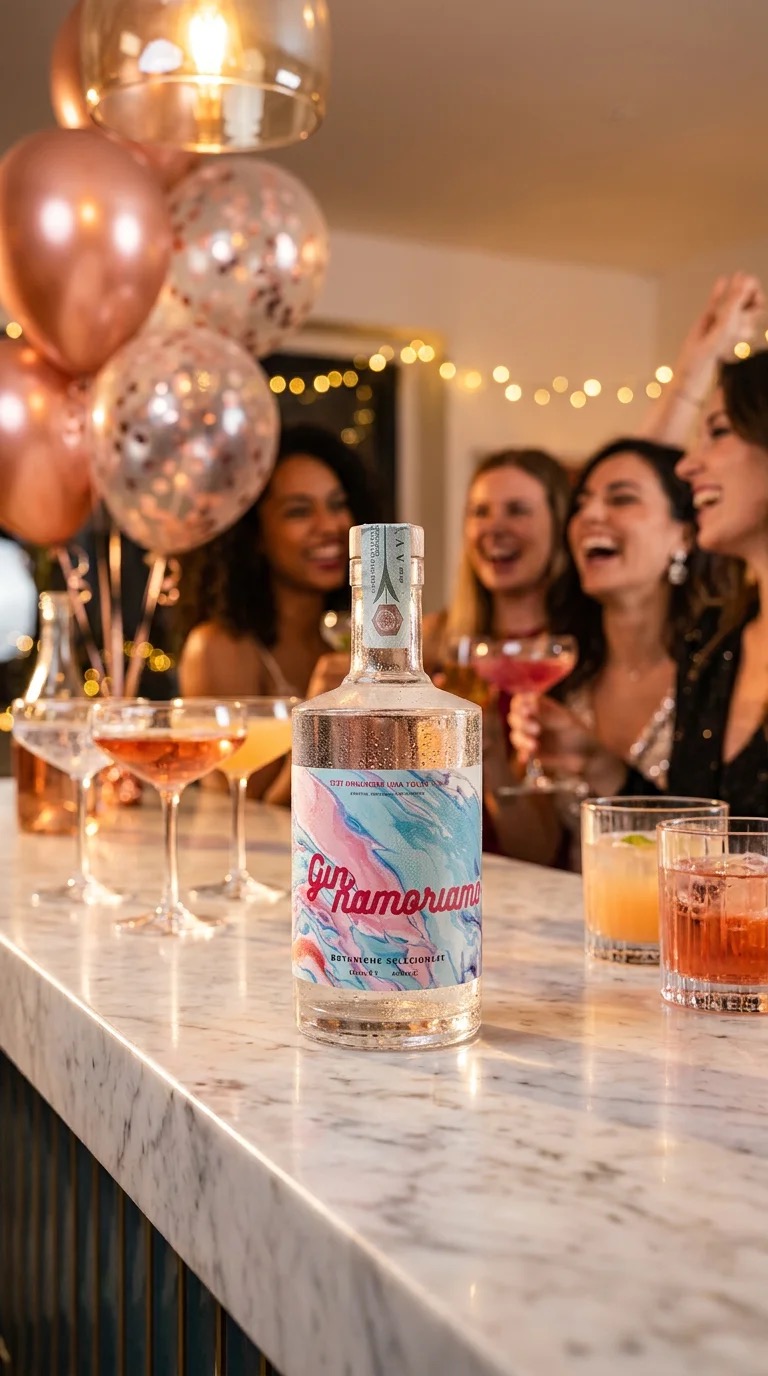 Bottiglia Gin Innamoriamo a un party con palloncini